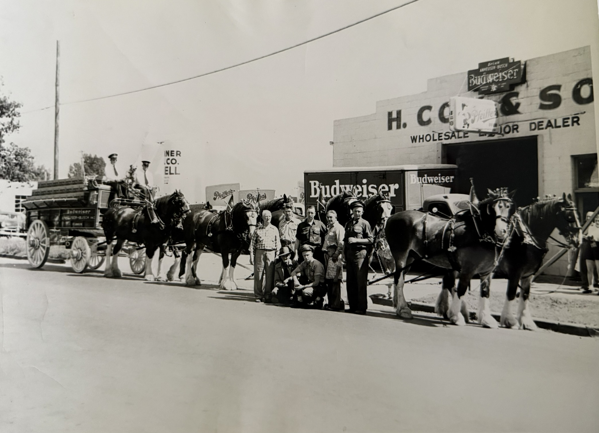 The original H. Cox & Son storefront with Clydesdale team