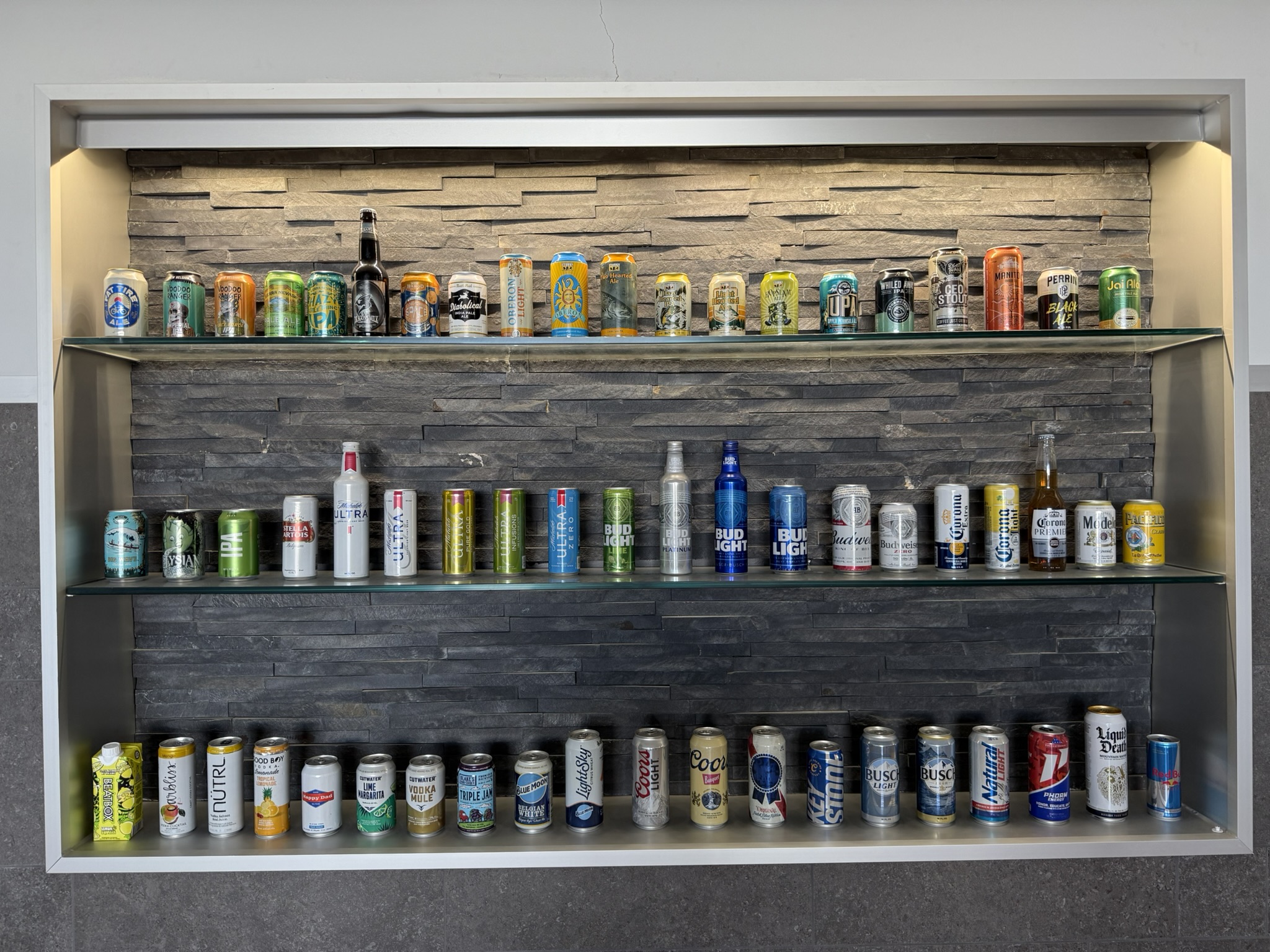 Brand display wall showcasing our beer, seltzer, and beverage portfolio