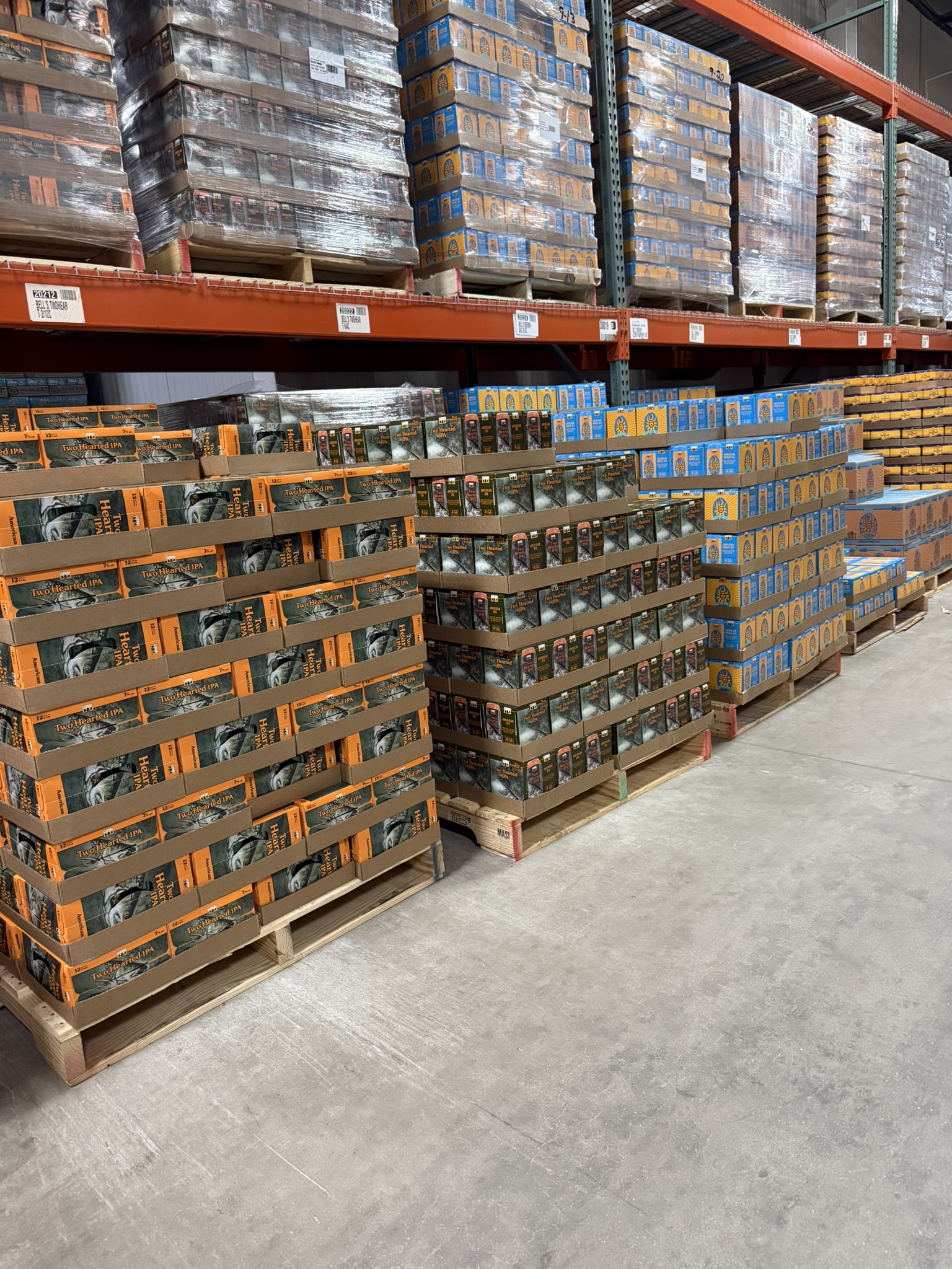 Pallets of Bell's Two Hearted IPA and Oberon
